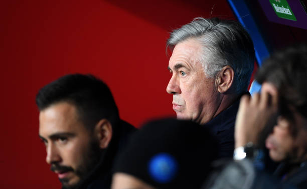 NAPLES, ITALY - DECEMBER 10: Carlo Ancelotti SSC Napoli coach before the UEFA Champions League group E match between SSC Napoli and KRC Genk at Sta...