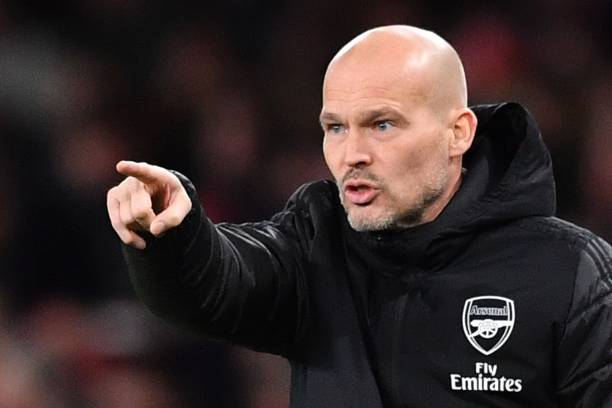 Arsenal's Swedish Interim head coach Freddie Ljungberg gestures on the touchline during the English Premier League football match between Arsenal a...