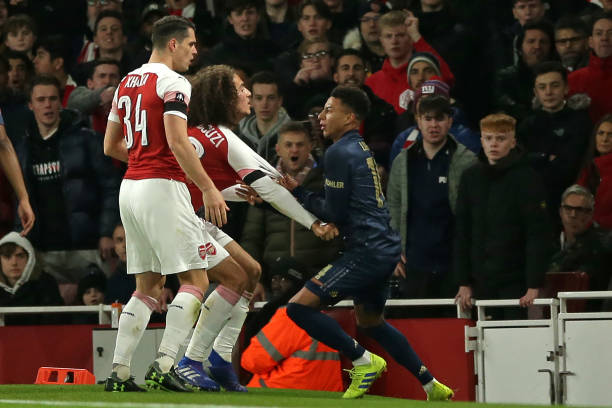 Arsenal to benefit from Guendouzi sell-on clause 6 Manchester United's English midfielder Jesse Lingard (R) clashes with Arsenal's French midfielder Matteo Guendouzi (C) and Arsenal's Swiss midfielder Granit Xhaka (L) during the English FA Cup fourth round football match between Arsenal and Manchester United at the Emirates Stadium in London on January 25, 2019. (Photo credit should read DANIEL LEAL-OLIVAS/AFP via Getty Images)