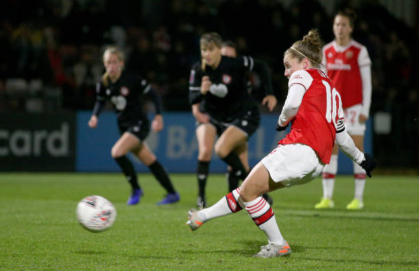 BOREHAMWOOD, ENGLAND - NOVEMBER 21: Kim Little of Arsenal Women scores her sides third goal from the penalty spot during the FA Women's Continental League Cup game between Arsenal Women and Bristol City Women at Meadow Park on November 21, 2019 in Borehamwood, England. (Photo by James Chance/Getty Images)