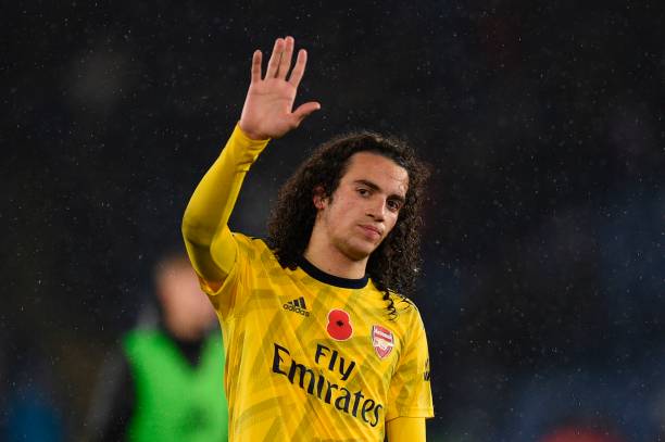 Arsenal's French midfielder Matteo Guendouzi waves to the crowd at the end of the English Premier League football match between Leicester City and ...
