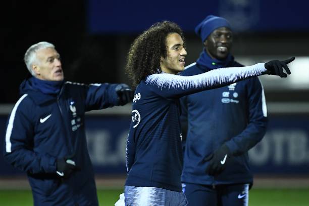 Former Gunner likely to return to the France squad 3 France's midfielder Matteo Guendouzi (C) gestures in front of France's head coach Didier Deschamps during a training session in Clairefontaine-en-Yvelines on November 12, 2019, as part of the team's preparation for the upcoming qualification Euro-2020 football matches against Moladavia and Albania. (Photo by FRANCK FIFE / AFP)
