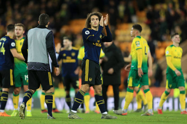 NORWICH, ENGLAND - DECEMBER 01: Matteo Guendouzi of Arsenal acknowledges fans during the Premier League match between Norwich City and Arsenal FC at Carrow Road on December 01, 2019 in Norwich, United Kingdom. (Photo by Stephen Pond/Getty Images)