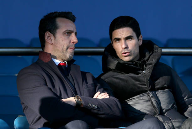 LIVERPOOL, ENGLAND - DECEMBER 21: Mikel Arteta, Manger of Arsenal FC is seen in the stands prior to the Premier League match between Everton FC and...