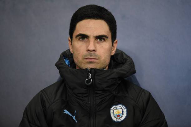 Manchester City's Spanish assistant manager Mikel Arteta takes his seat for the UEFA Champions League football Group C match between Manchester Cit...