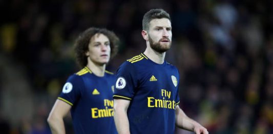 NORWICH, ENGLAND - DECEMBER 01: Shkodran Mustafi of Arsenal reacts during the Premier League match between Norwich City and Arsenal FC at Carrow Road on December 01, 2019 in Norwich, United Kingdom. (Photo by Julian Finney/Getty Images)