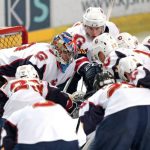 GUILDFORD, ENGLAND - OCTOBER 13: Petr Cech of Guildford Phoenix talks to team mates during the match between Guildford Phoenix and Swindon Wildcats on October 13, 2019 in Guildford, England. (Photo by Henry Browne/Getty Images)