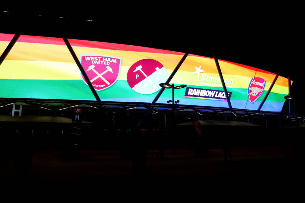 LONDON, ENGLAND - DECEMBER 09: A genearal view of Stonewall Rainbow laces branding outside the stadium prior to the Premier League match between We...