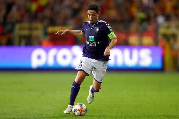 BRUSSELS, BELGIUM - AUGUST 09: Samir Nasri of Anderlecht in action during the Jupiler Pro League match between RSCA or Royal Sporting Club Anderlecht and KV Mechelen at Constant Vanden Stock Stadium on August 09, 2019 in Brussels, Belgium. (Photo by Dean Mouhtaropoulos/Getty Images)