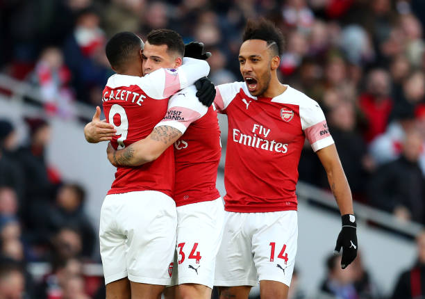 Will Arsenal let Lucas Torreira leave in January? 3 LONDON, ENGLAND - MARCH 10: Granit Xhaka of Arsenal celebrates with teammates after scoring his team's first goal during the Premier League match between Arsenal FC and Manchester United at Emirates Stadium on March 10, 2019 in London, United Kingdom. (Photo by Catherine Ivill/Getty Images)