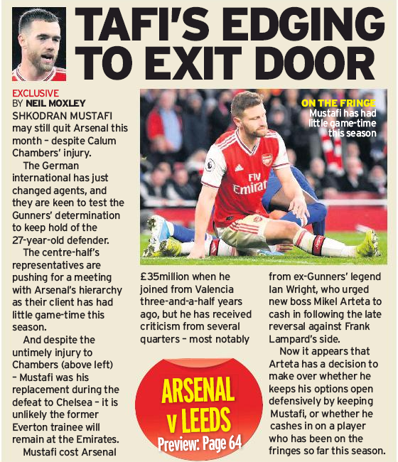 Arsenal could still sell Mustafi despite Chambers injury 3 TAFI’S EDGING TO EXIT DOOR - Sunday Mirror 5 January 2020