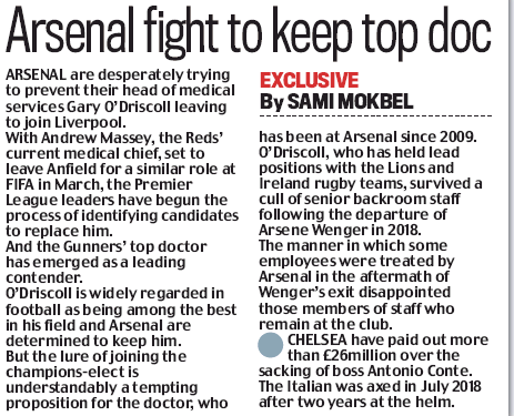 Liverpool want Gary O'Driscoll to replace own doctor leaving for FIFA 4 Arsenal fight to keep top doc - Daily Mail, Wednesday 8 January 2020