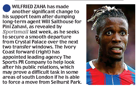 Wilfried Zaha switches agent to seal move 5 Daily Mail, 11 January 2020