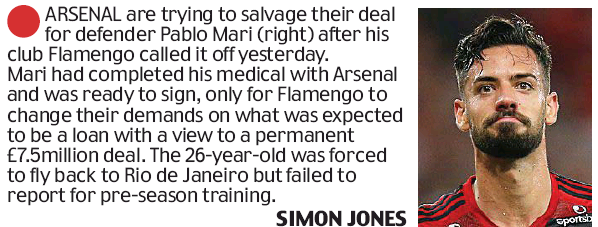 Arsenal try to rescue Mari deal as Flamengo call it off 3 200128 daily mail arsenal mari