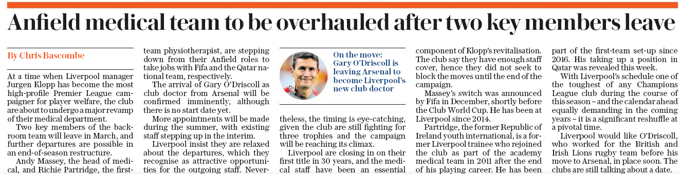 Huge loss: Liverpool expected to announce Arsenal doctor signing imminently 3 Daily Telegraph 30 January 2020