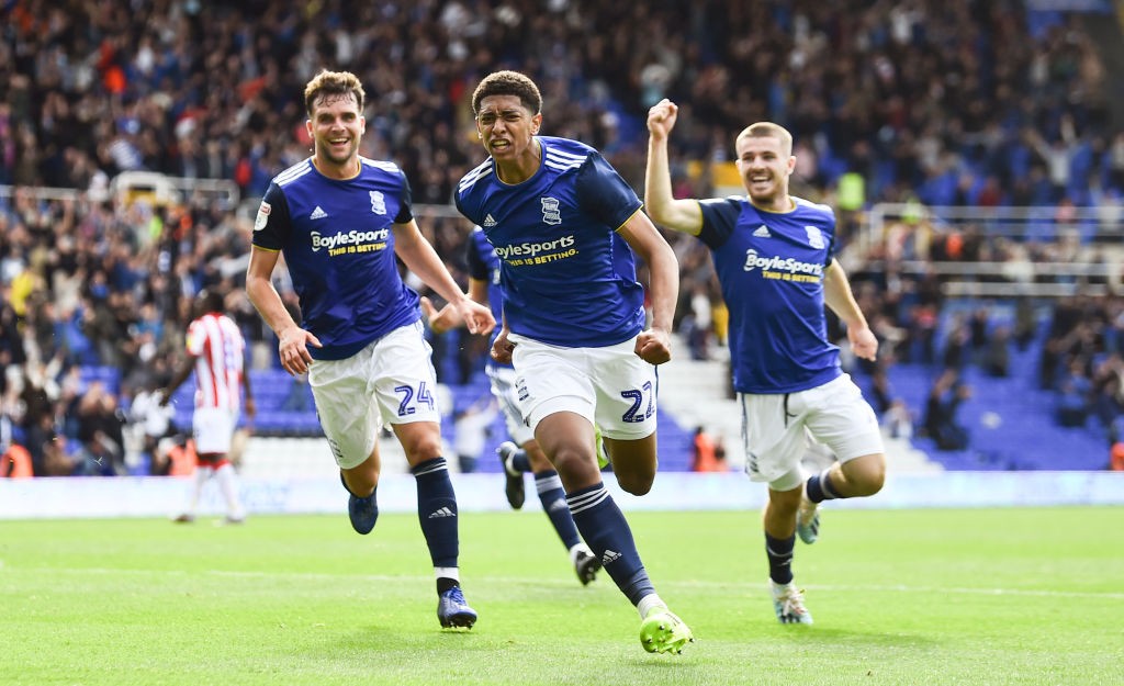 BIRMINGHAM, ENGLAND - AUGUST 31: Jude Bellingham of Birmingham City celebrates after he scores their second goal during the Sky Bet Championship ma...
