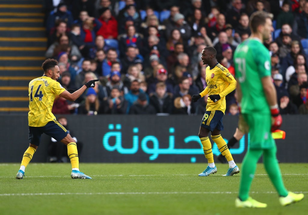 Arsenal Player Ratings vs Crystal Palace: Pepe form continues despite result 6 LONDON, ENGLAND - JANUARY 11: Pierre-Emerick Aubameyang of Arsenal celebrates after scoring his team's first goal with teammate Nicolas Pepe during the Premier League match between Crystal Palace and Arsenal FC at Selhurst Park on January 11, 2020, in London, United Kingdom. (Photo by Dan Istitene/Getty Images)