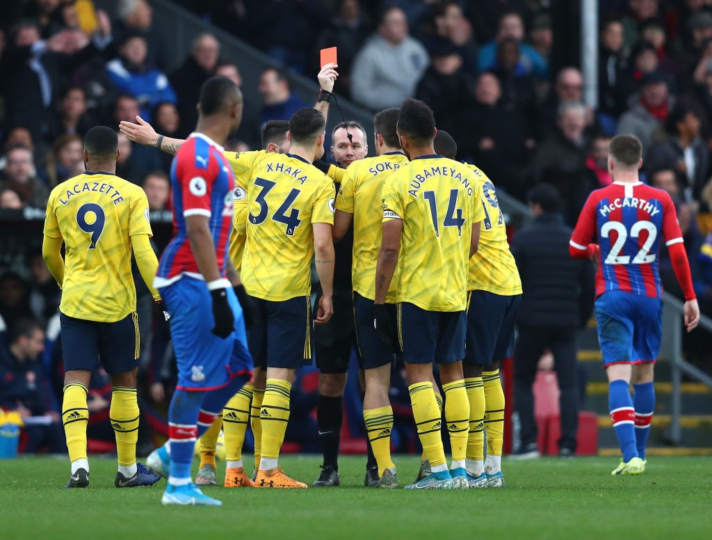 Horror refereeing team for Arsenal vs Sheffield United 2 LONDON, ENGLAND - JANUARY 11: Referee Paul Tierney shows a red card to Pierre-Emerick Aubameyang of Arsenal during the Premier League match between Crystal Palace and Arsenal FC at Selhurst Park on January 11, 2020, in London, United Kingdom. (Photo by Dan Istitene/Getty Images)