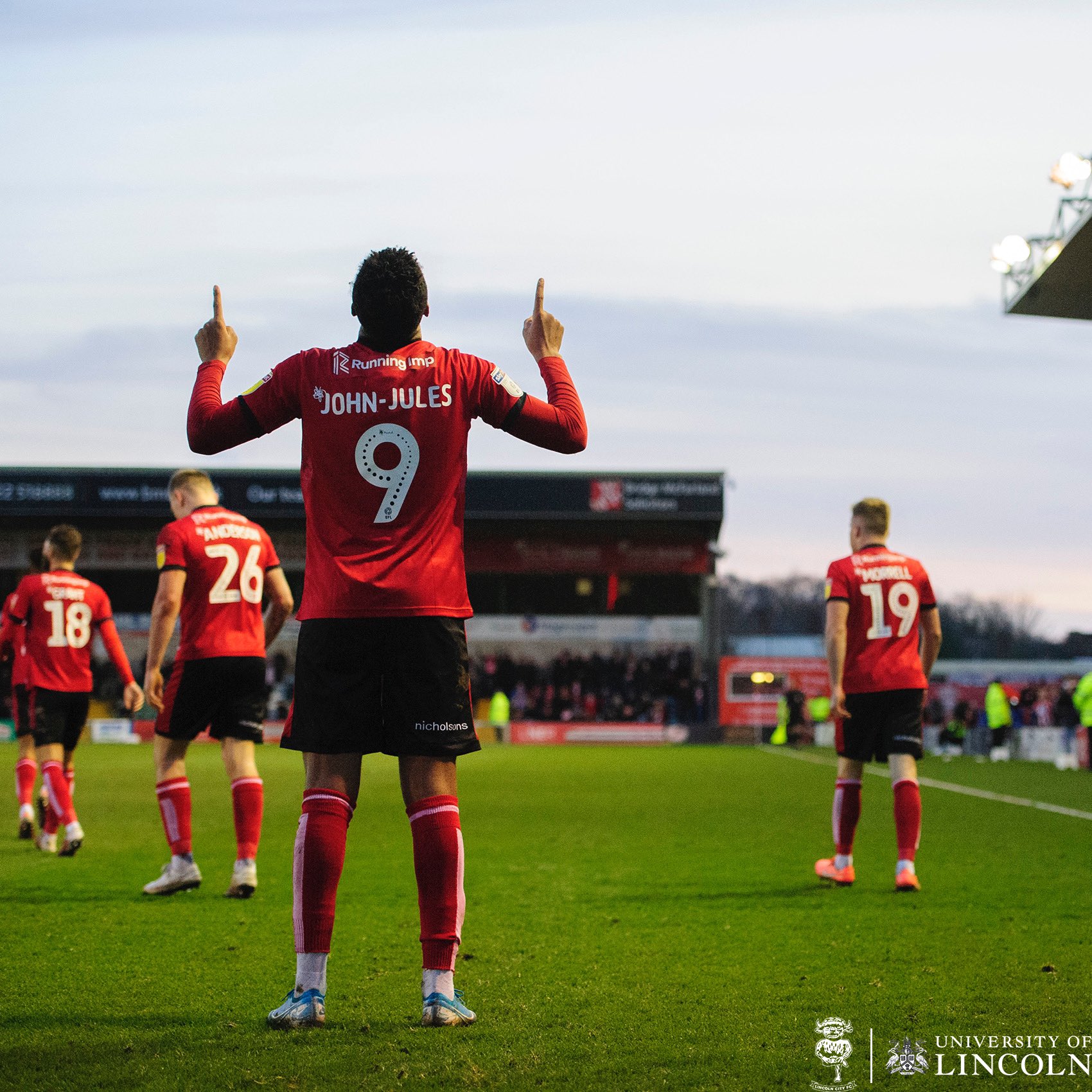 Tyreece John-Jules celebrating scoring for Lincoln City against Blackpool (Photo via Twitter)
