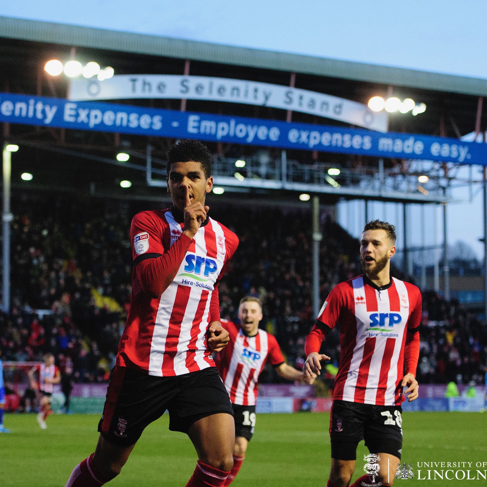 Tyreece John-Jules celebrating scoring for Lincoln City against Blackpool (Photo via Twitter)