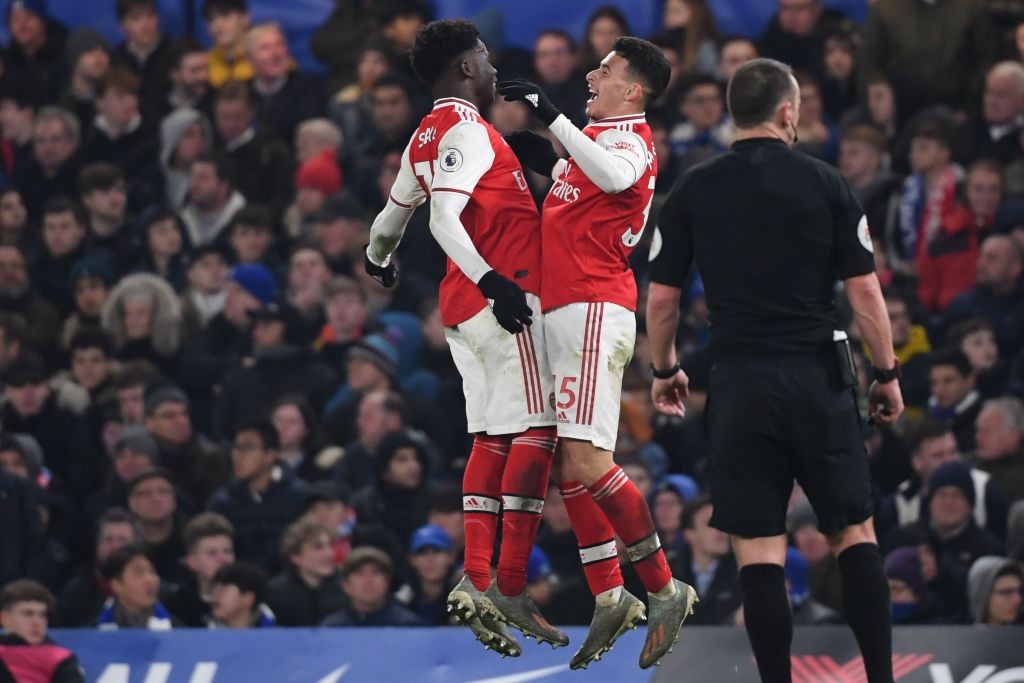Fabregas credits Francis Cagigao after Arsenal comeback 2 Arsenal's Brazilian striker Gabriel Martinelli (R) celebrates with Arsenal's English striker Bukayo Saka after scoring the equalising goal during the English Premier League football match between Chelsea and Arsenal at Stamford Bridge in London on January 21, 2020. (Photo by DANIEL LEAL-OLIVAS / AFP)
