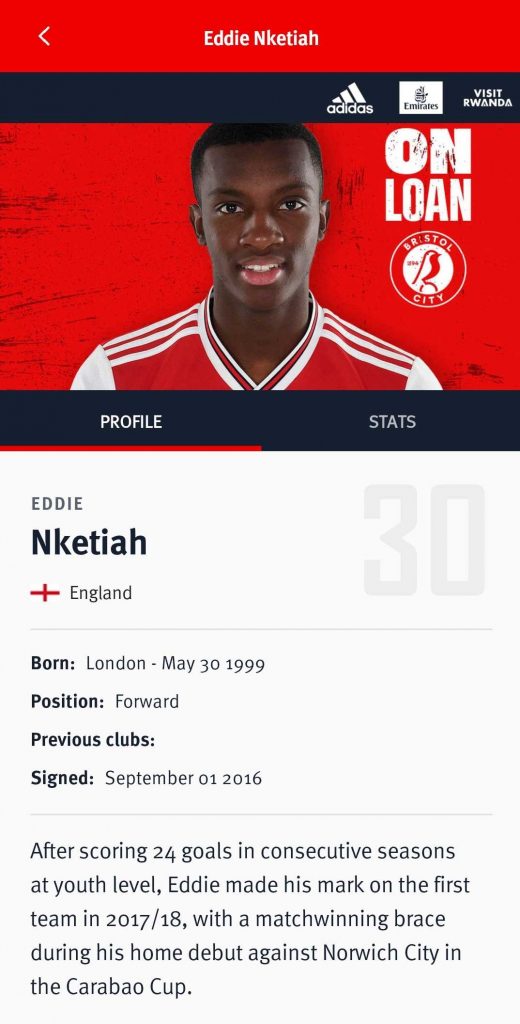Eddie Nketiah's squad page on the Arsenal app