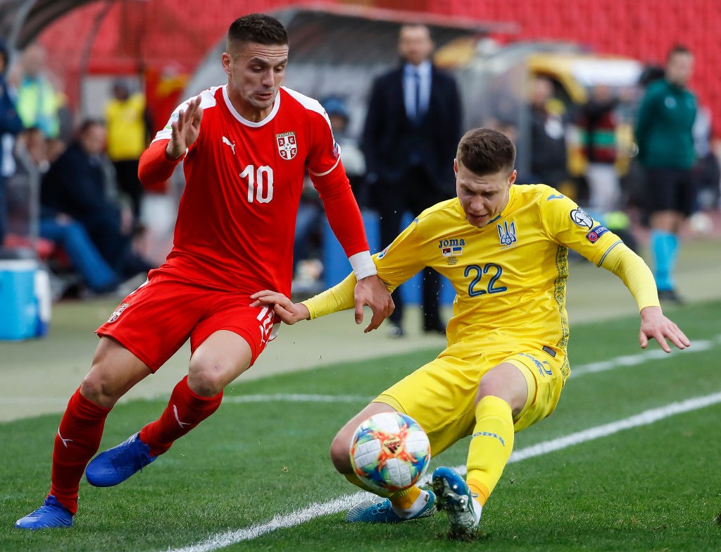 BELGRADE, SERBIA - NOVEMBER 17: Dusan Tadic (L) of Serbia in action against Mykola Matviyenko (R) of Ukraine during the UEFA Euro 2020 Qualifier be...