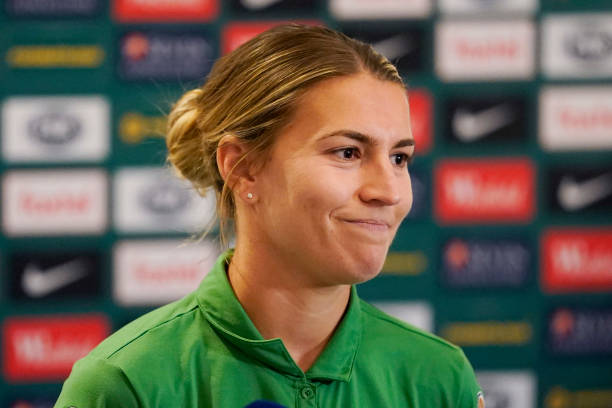 SYDNEY, AUSTRALIA - JANUARY 21: Stephanie Catley speaks to the media during an Australia Matildas media opportunity at the Intercontinental Double ...