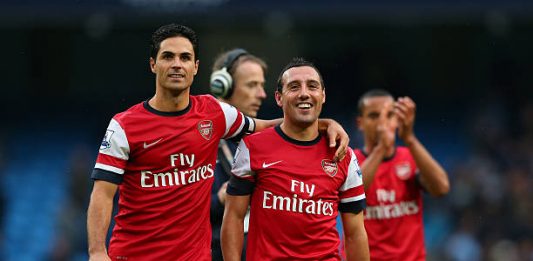 MANCHESTER, ENGLAND - SEPTEMBER 23: Mikel Arteta and Santi Cazorla of Arsenal at the finsl whistle during the Barclays Premier League match between Manchester City and Arsenal at Etihad Stadium on September 23, 2012 in Manchester, England. (Photo by Alex Livesey/Getty Images)
