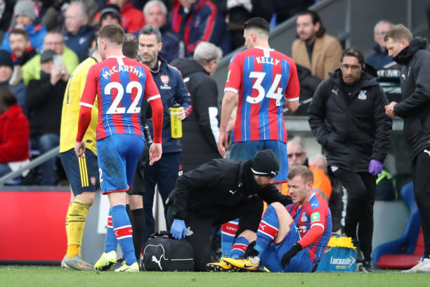 Pierre-Emerick Aubameyang apologises to Max Meyer for red card tackle 3 LONDON, ENGLAND - JANUARY 11: Max Meyer of Crystal Palace receives medical treatment after being fouled by Pierre-Emerick Aubameyang of Arsenal, who was later shown a red card following a VAR decision during the Premier League match between Crystal Palace and Arsenal FC at Selhurst Park on January 11, 2020 in London, United Kingdom. (Photo by Alex Pantling/Getty Images)