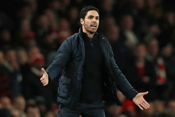 Arsenal's Spanish head coach Mikel Arteta gestures on the touchline during the English FA Cup third round football match between Arsenal and Leeds ...
