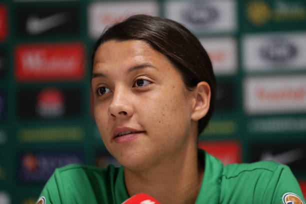 SYDNEY, AUSTRALIA - NOVEMBER 08: Sam Kerr of the Matildas speaks to media during an Australian Matildas press conference at Bankwest Stadium on Nov...