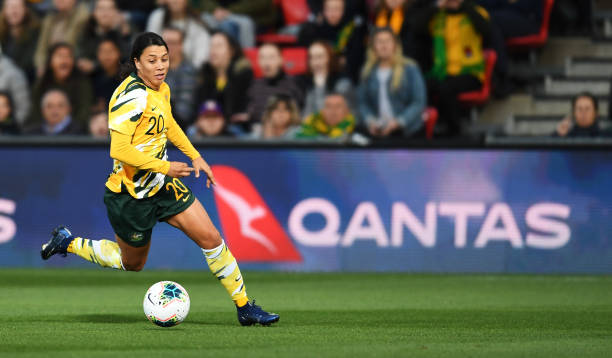 ADELAIDE, AUSTRALIA - NOVEMBER 12: Sam Kerr of the Matildas during the International friendly match between the Australian Matildas and Chile at Coopers Stadium on November 12, 2019 in Adelaide, Australia. (Photo by Mark Brake/Getty Images)