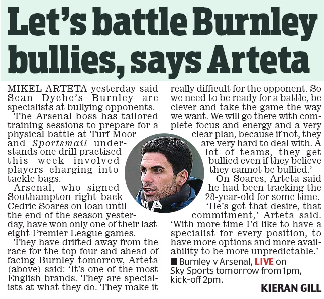 200201 daily mail arteta pre burnley bullies