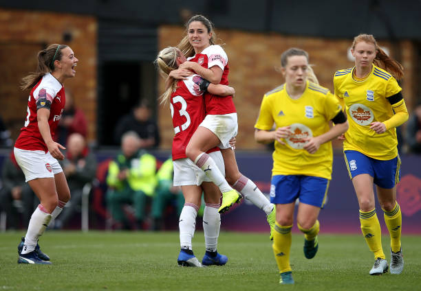 What kind of players will Arsenal need to recruit this summer? 10 Danielle Van De Donk of Arsenal celebrates scoring her sides second goal from a penalty with Beth Mead during the WSL match between Arsenal Women and Birmingham Ladies at Meadow Park on November 4, 2018 in Borehamwood, England.
