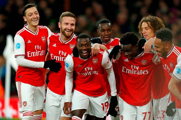 £70m groundhog day as Arsenal back for Wilfried Zaha 6 Arsenal's French-born Ivorian midfielder Nicolas Pepe (C) celebrates with teammates after scoring their second goal during the English Premier League football match between Arsenal and Newcastle United at the Emirates Stadium in London on February 16, 2020.