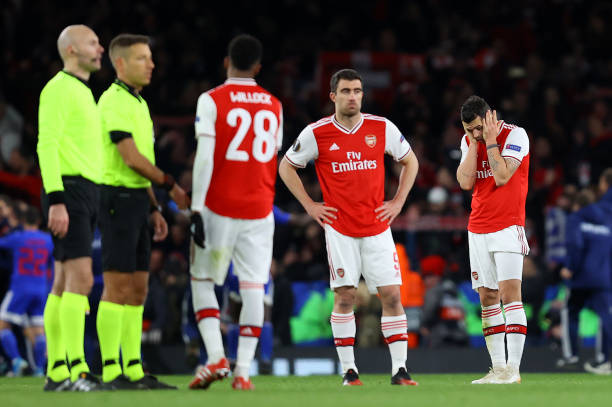 Will Arsenal find joy instead of heartbreak in Europe this season? 2 Granit Xhaka of Arsenal FC looks on dejected after his side concede their second goal during the UEFA Europa League round of 32 second leg match between Arsenal FC and Olympiacos FC at Emirates Stadium on February 27, 2020 in London, United Kingdom.