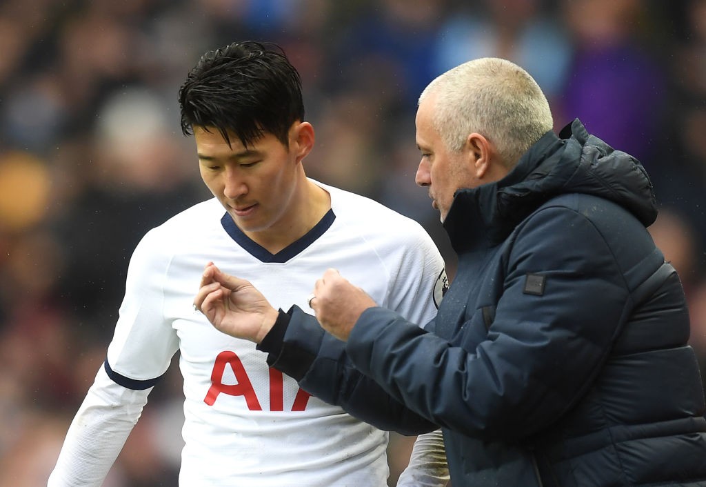 BIRMINGHAM, ENGLAND - FEBRUARY 16: Jose Mourinho, Manager of Tottenham Hotspur speaks with Heung-Min Son of Tottenham Hotspur during the Premier Le...