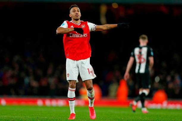 Pierre-Emerick Aubameyang aiming to break Manchester City duck 3 Arsenal's Gabonese striker Pierre-Emerick Aubameyang celebrates after scoring the opening goal of the English Premier League football match between Arsenal and Newcastle United at the Emirates Stadium in London on February 16, 2020.