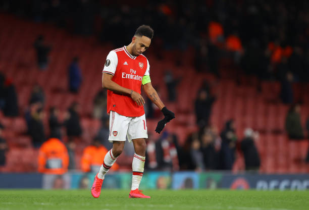 Pierre-Emerick Aubameyang of Arsenal FC looks dejected after defeat in the UEFA Europa League round of 32 second leg match between Arsenal FC and Olympiacos FC at Emirates Stadium on February 27, 2020 in London, United Kingdom.