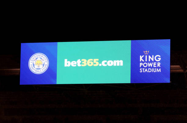 An advertisment for Bet365 is shown on the screen during the Carabao Cup Semi Final match between Leicester City and Aston Villa at The King Power ...