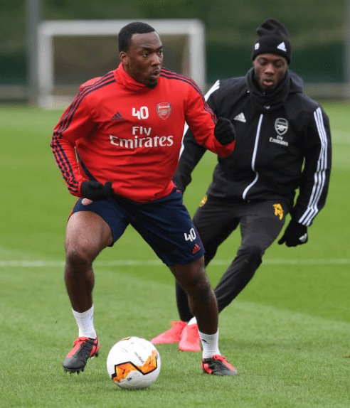 ST ALBANS, ENGLAND - FEBRUARY 26: Tolaji Bola of Arsenal during the Arsenal 1st Team Training Session at London Colney on February 26, 2020, in St ...