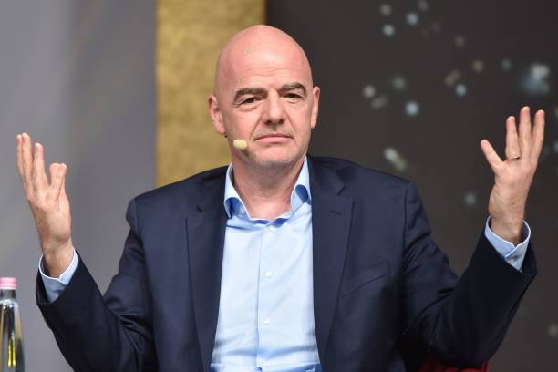 FIFA President Gianni Infantino gestures as he speaks during a public debate with members of the Association of International Sports Press (AIPS) a...