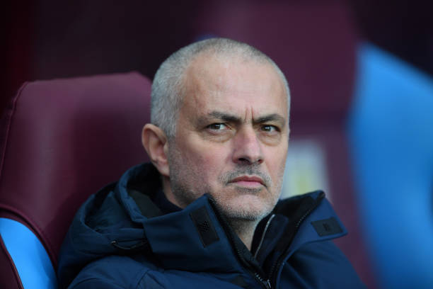 Jose Mourinho of Tottenham Hotspur looks on ahead of the Premier League match between Aston Villa and Tottenham Hotspur at Villa Park on February 1...