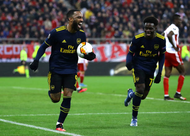 Van Persie compares Saka assist to Bergkamp's passes 2 Alexandre Lacazette of Arsenal celebrates after scoring his teams first goal during the UEFA Europa League round of 32 first leg match between Olympiacos FC and Arsenal FC at Karaiskakis Stadium on February 20, 2020 in Piraeus, Greece.