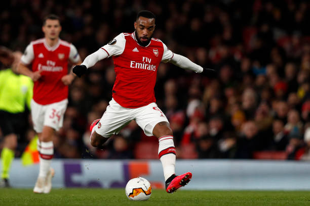 Arsenal's French striker Alexandre Lacazette prepares to shoot during the UEFA Europa league round of 32 second leg football match between Arsenal ...