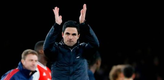 Arsenal's Spanish head coach Mikel Arteta applauds at the end of the English Premier League football match between Arsenal and Everton at the Emirates Stadium in London on February 23, 2020.