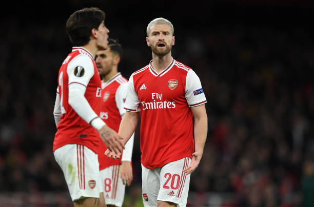 Shkodran Mustafi of Arsenal FC reacts during the UEFA Europa League round of 32 second leg match between Arsenal FC and Olympiacos FC at Emirates S...