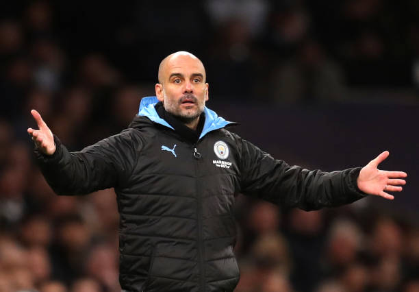 LONDON, ENGLAND - FEBRUARY 02: Pep Guardiola, Manager of Manchester City reatcs during the Premier League match between Tottenham Hotspur and Manch...