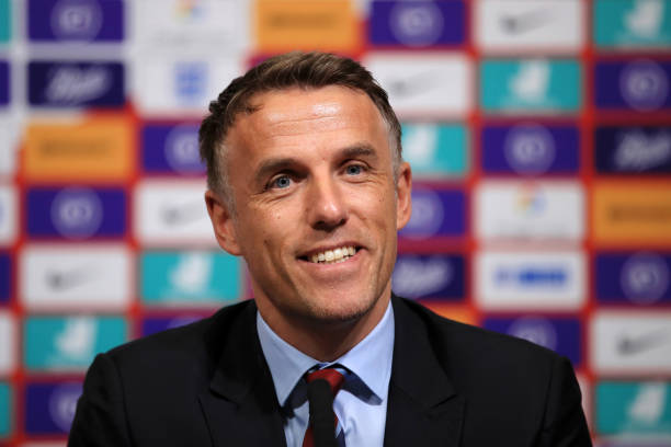 Phil Neville, Manager of England Women reacts during a press conference for an England Women SheBelieves Cup Squad Announcement at Wembley Stadium on February 18, 2020 in London, England.